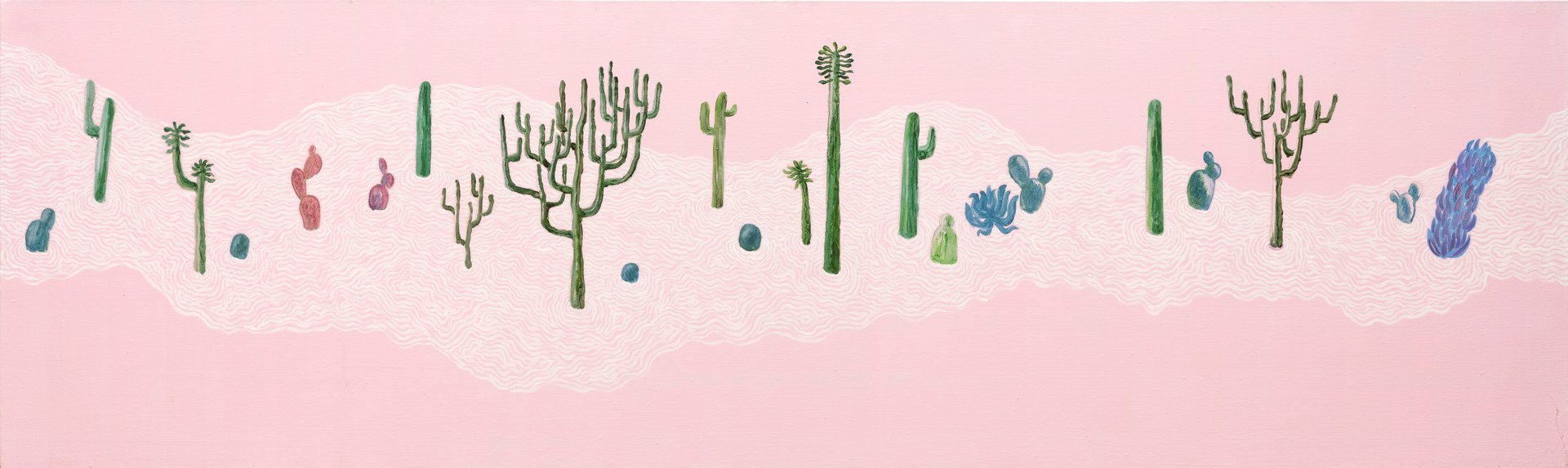 《粉色地带》，2024年，布面油画，50 × 200 cm。